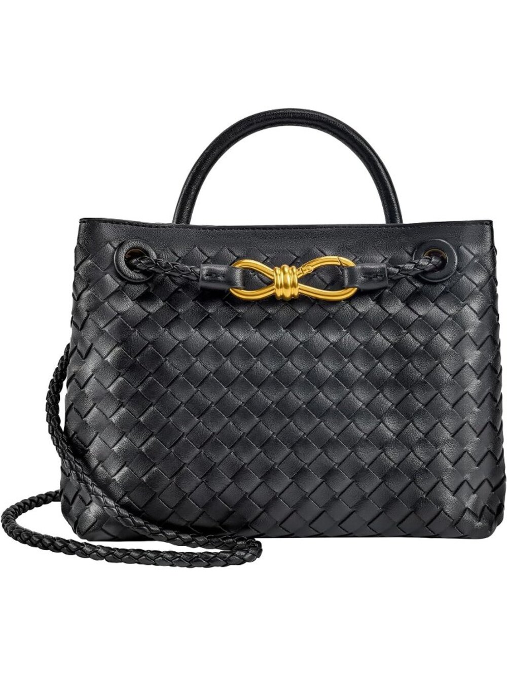 Women's Black Woven Leather Tote Handle Designer Handbag Shoulder Bag